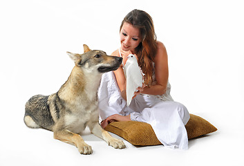 Image showing woman, wolf and dove