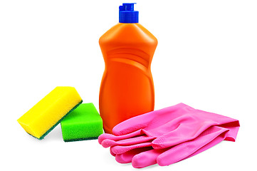 Image showing Bottle of detergent with rubber gloves and two sponges
