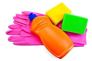 Image showing Bottle with the orange rubber gloves and two sponges