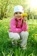 Image showing The little girl among dandelions
