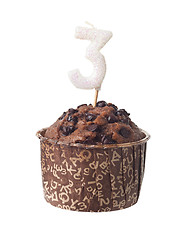 Image showing Chocolate muffin with birthday candle for three year old