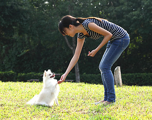 Image showing woman train her dog