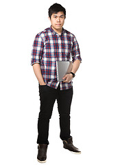Image showing asian man holding laptop computer