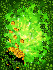 Image showing Pot of Gold on Shamrock Four Leaf Clover Background Vertical