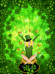 Image showing Girl Leprechaun Shamrock Four Leaf Clover Background