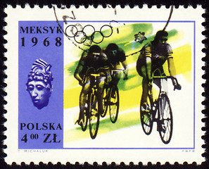 Image showing Group of cyclists on polish post stamp