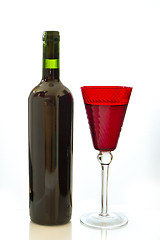 Image showing red wine bottle with glass