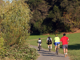 Image showing Family riding bikes in a park