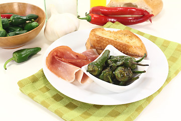 Image showing Pimientos de padron with Serrano ham 