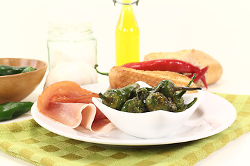 Image showing Pimientos de padron with ham