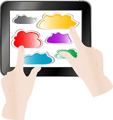 Image showing hand pressing a paper cloud on tablet pc computer