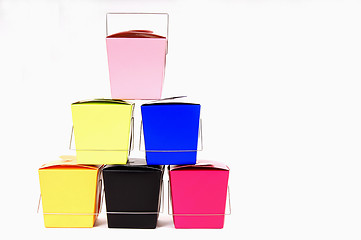 Image showing Six colorful chinese food containers stacked on each other