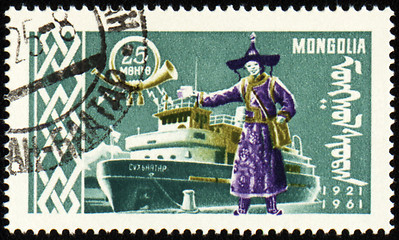 Image showing Passenger ship and man in national Mongolian costume on post stamp