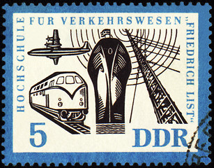 Image showing Ship, airplane, train and radio-mast on post stamp