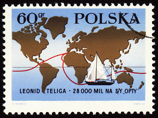 Image showing World tour of polish yachtsman Leonid Teliga on post stamp
