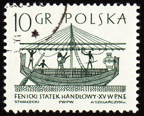 Image showing Phoenician merchant ship on post stamp