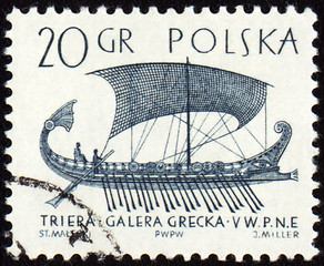 Image showing Greek galley Trier on post stamp