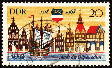 Image showing Old German town Rostock on post stamp