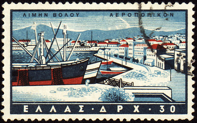 Image showing Volos harbor in Greece on post stamp