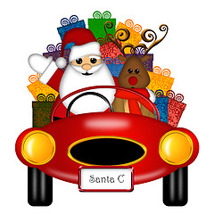 Image showing Santa and Reindeer in Red Sports Car with Presents