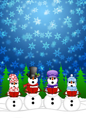 Image showing Snowman Carolers Singing with Winter Snowing Scene Illustration