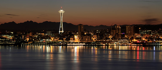 Image showing Seattle Skyline at Night by the Pier Panorama