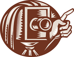 Image showing Vintage Camera Hand Pointing Retro Woodcut