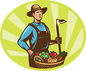 Image showing Farmer With Garden Hoe And Basket Crop Harvest