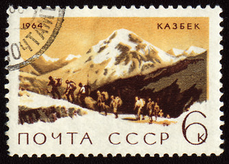 Image showing View on mountain Kazbek on post stamp