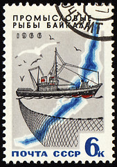 Image showing Fishing ship on Lake Baikal on post stamp