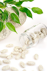 Image showing Herbal supplement pills spilling out of bottle