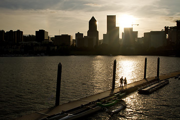 Image showing Strolling into Sunset on Willamette River Boat Ramp