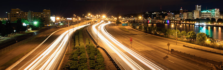 Image showing Light Trails and Portland City Skyline at Night