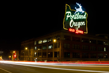 Image showing Historic Portland Oregon Old Town Sign Light Trails