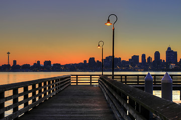 Image showing Seattle Skyline from the Pier at Sunrise