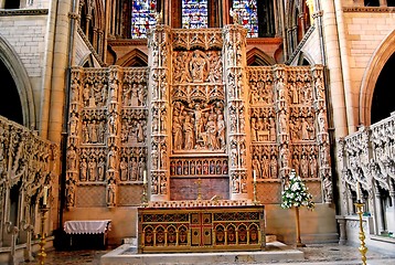 Image showing Carved Altar and Stained Glass