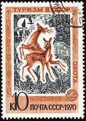 Image showing Playing deers on post stamp