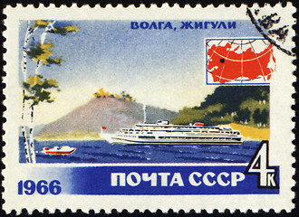 Image showing Passenger ship at Volga river on post stamp