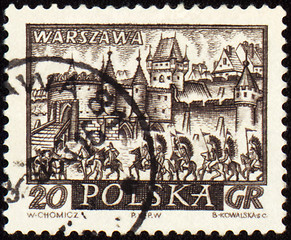 Image showing Medieval town of Warsaw on post stamp