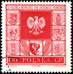 Image showing Arms of cities in Poland on post stamp