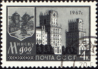 Image showing Minsk city, capital of Byelorussia on post stamp