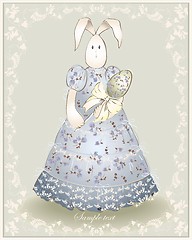 Image showing Easter card.  Illustration of an easter rabbit with egg. Illustration lace.