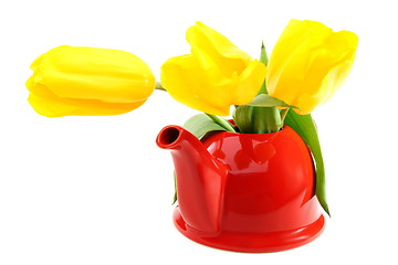 Image showing Yellow tulips in red teapot.