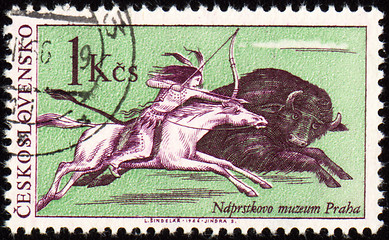 Image showing Injun buffalo hunting on post stamp