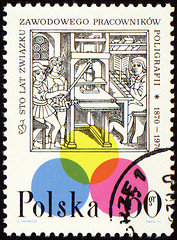 Image showing Medieval printing office on post stamp