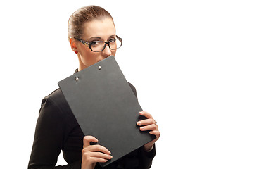 Image showing Business woman with clipboard isolated on white