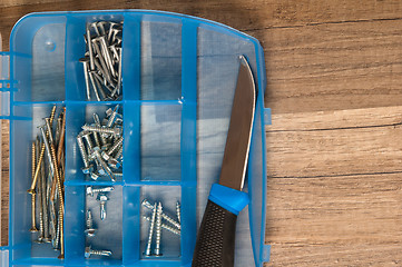 Image showing Working tools on a board, a close up