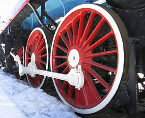 Image showing Red wheels of old russian  locomotive