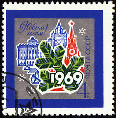 Image showing New Year 1969 in Moscow on post stamp