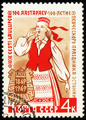 Image showing Singing young woman on post stamp